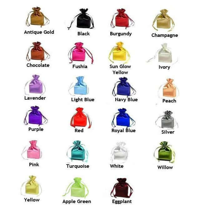 Colorful drawstring gift bags in various shades on a white background