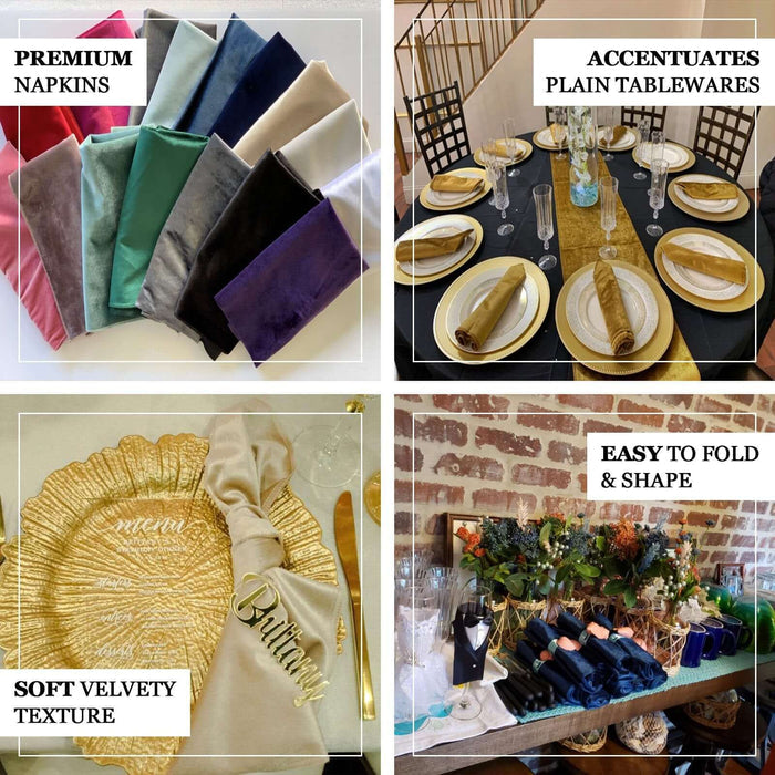 Premium velvet napkins in various colors for elegant table settings.