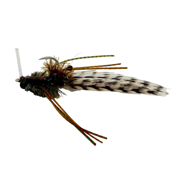 Hand-tied Bend It Flies BC Natty crab imitation with zebra wing and red beads