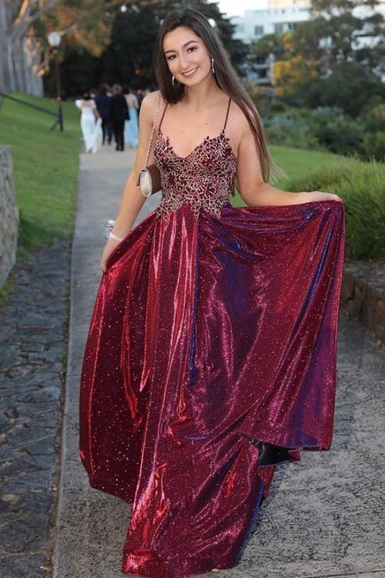 A-line Spaghetti Straps Empire-Waist Appliques Pleated Long Prom Dress