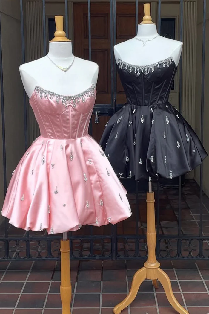 A Line Strapless Homecoming Dresses Satin Beaded Corset Cocktail Gowns