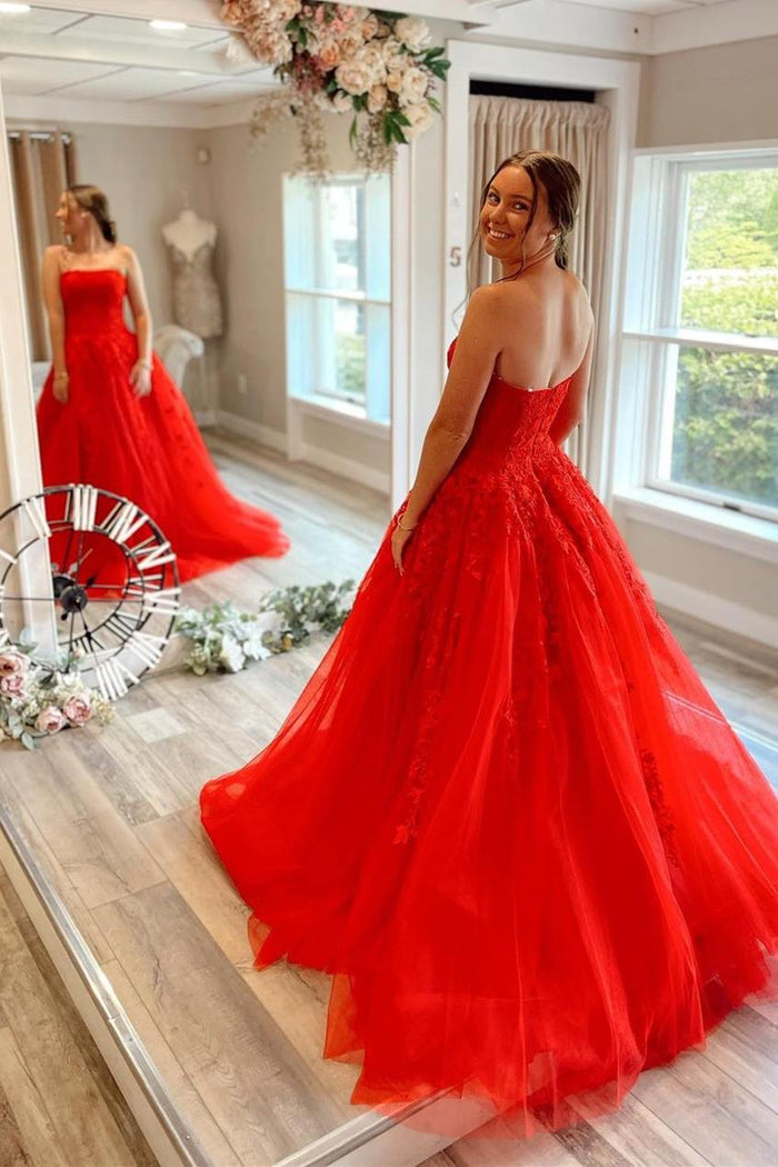 A-Line Strapless Red Lace Appliques Empire-Waist Sleeveless Long Formal Gown