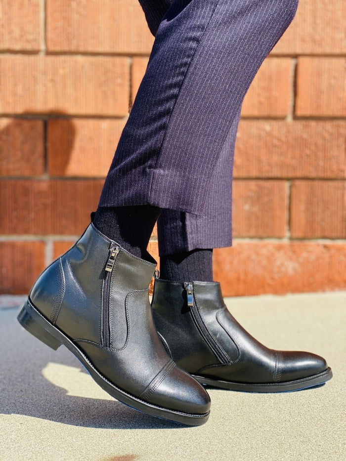 Black CALTO Zipper Boots- 3.2 Inches Taller - SARTORO