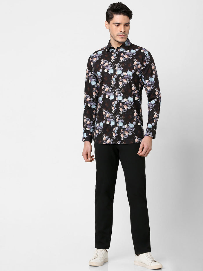Black Floral Print Full Sleeves Shirt