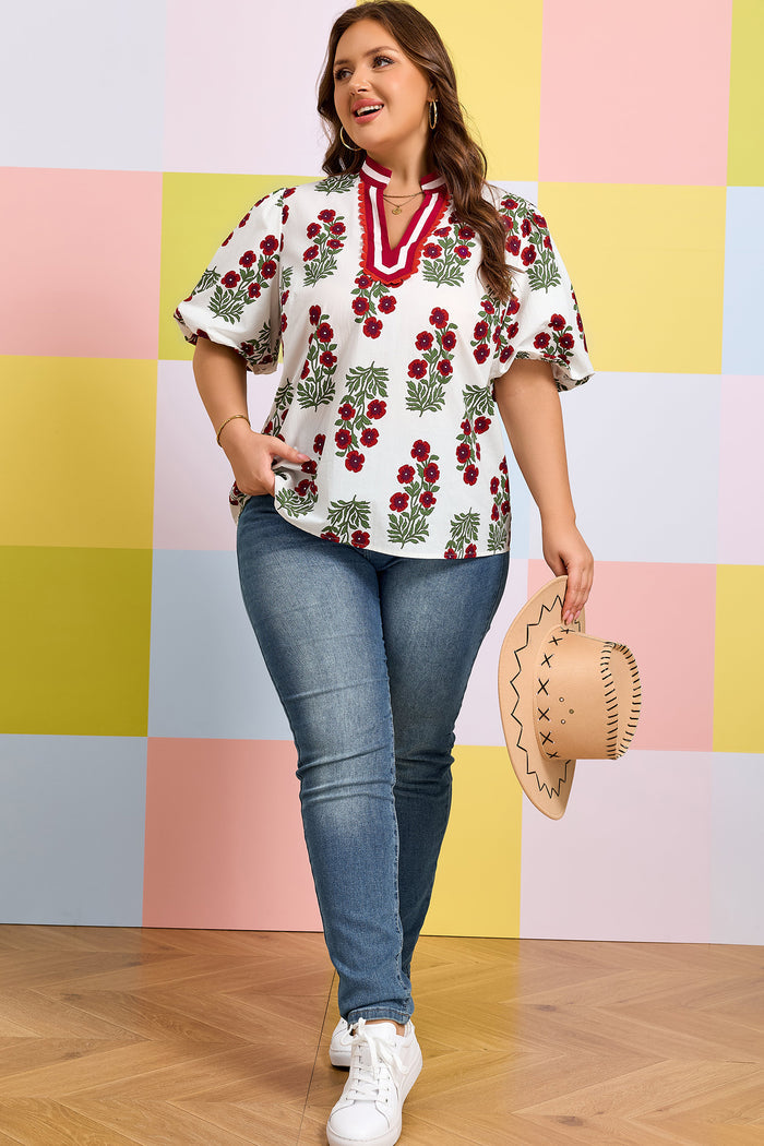 Black Plus Size Floral Print Ricrac Striped Trim Short Sleeve Cotton Blouse