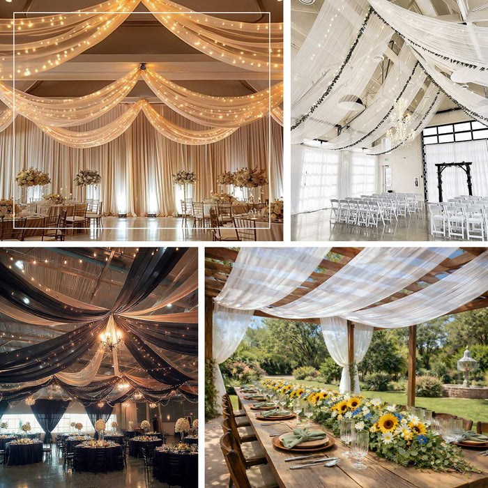 Elegant drapery and lighting decor for weddings and events.