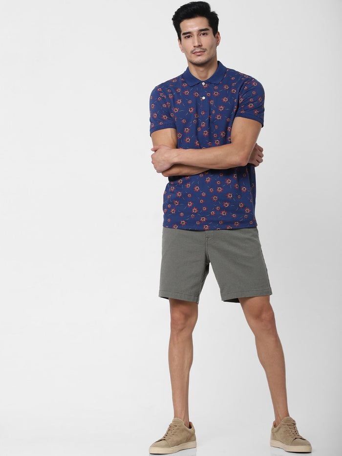 Blue Floral Print Polo Neck T-Shirt