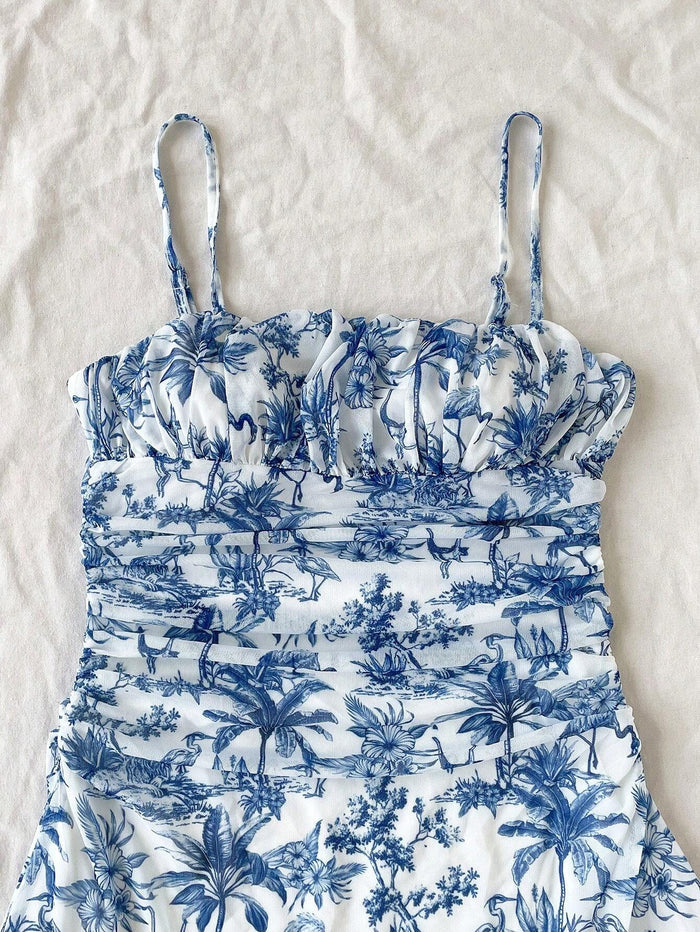 Blue & White Toile De Jouy Print Ruched Mini Dress