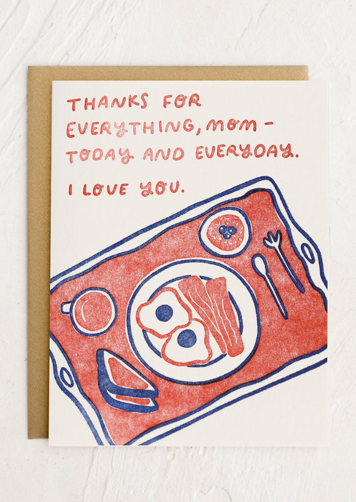 A greeting card with illustration of breakfast on a tray, text reads "Thanks for everything, mom - today and everyday. I love you.".