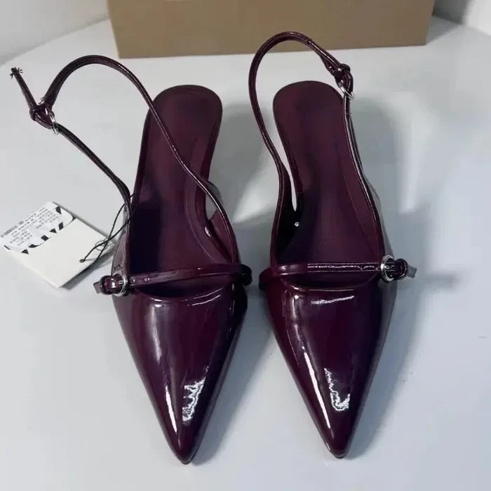 Cherry Red Buckle Strap Pointed Heels fashionnsio