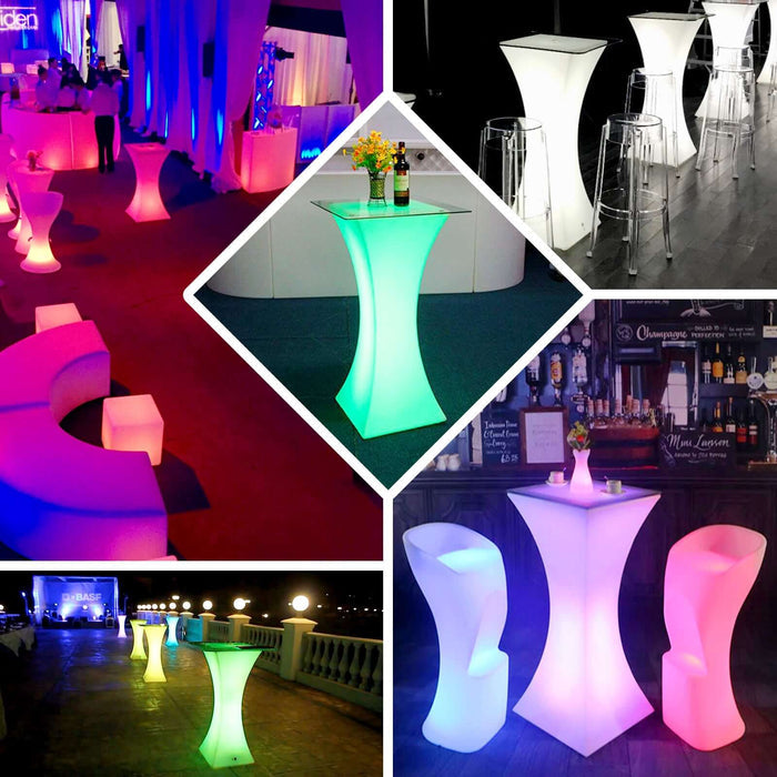 Illuminated cocktail tables in various settings and colors.