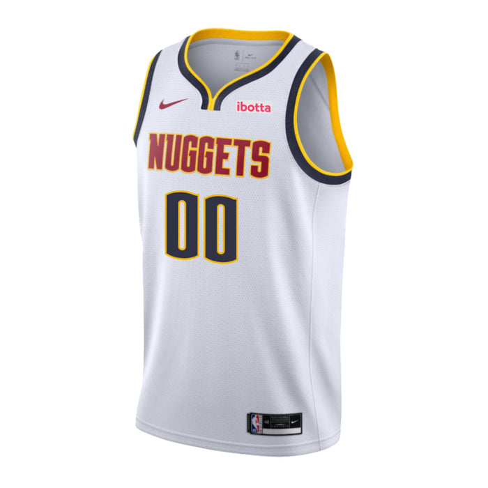 Front view of a white basketball jersey, featuring the text "Nuggets" in red with yellow trim and the number "00" in dark navy blue with gold trim.