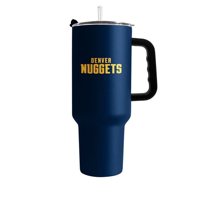 Back View navy metal tumbler with clear lid and straw featuring Nuggets wordmark logo in yellow
