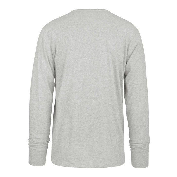 Back view of a heather grey long sleeve t-shirt.