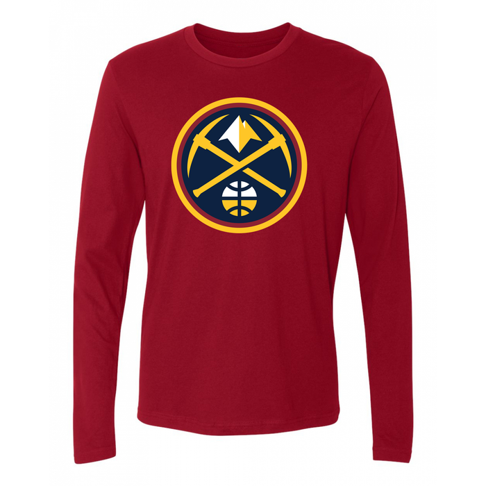 Front view, long sleeve cardinal red t-shirt with large Primary Nuggets logo featuring blue circle, trimed in yellow, inside yellow and white Pick Axe and Ball logos