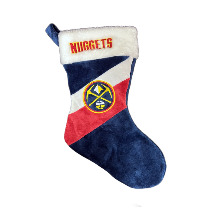 Front view primarily dark blue and features a white cuff with "NUGGETS" embroidered in yellow lettering. A diagonal stripe pattern in white and red runs across the front, featuring the Primary Denver Nuggets logo in the center.