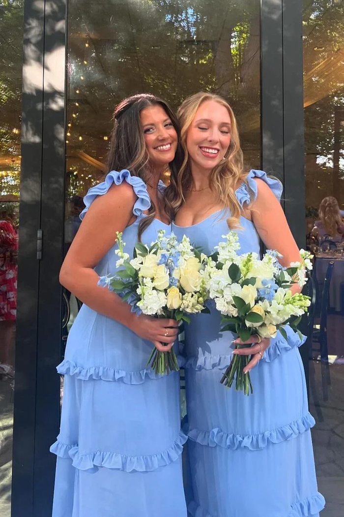 Fariy Sheath Square Neck Blue Satin Bridesmaid Dress