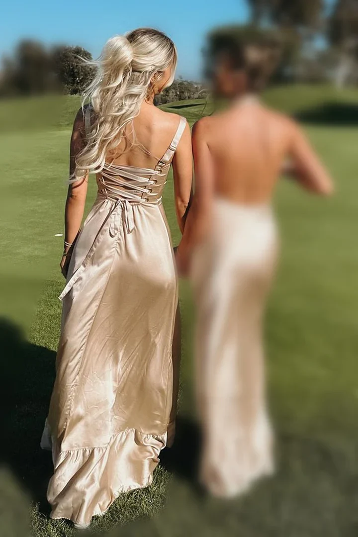 Fashion Sheath Straps Satin Tea Length Bridesmaid Dresses with Slit
