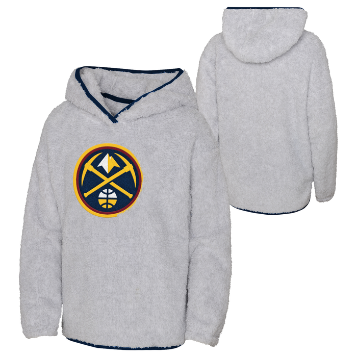 Combined view showing both the front and back of the grey, soft-textured pullover hoody, highlighting the front circular team logo and the navy blue trim details.