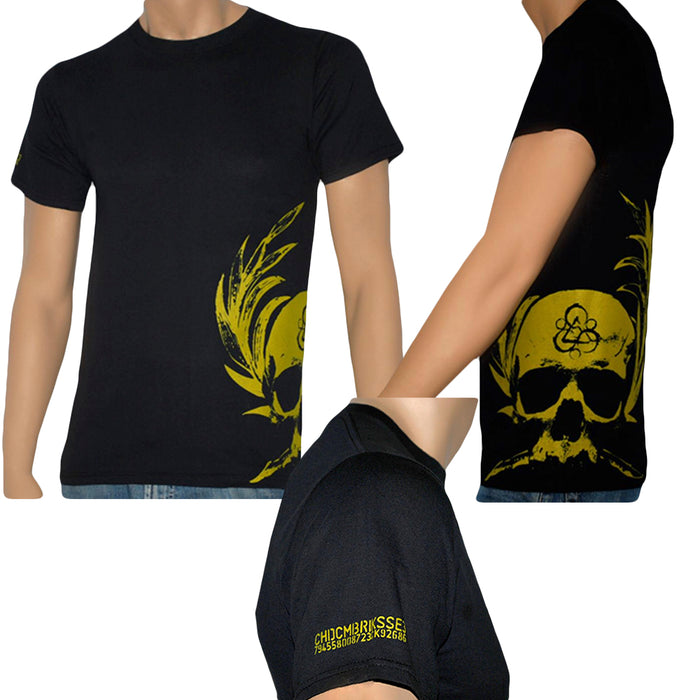 Coheed and Cambria black t-shirt with a yellow skull and abstract graphic on the front, plus a close-up of yellow text detail on the sleeve; shown from front and side views.