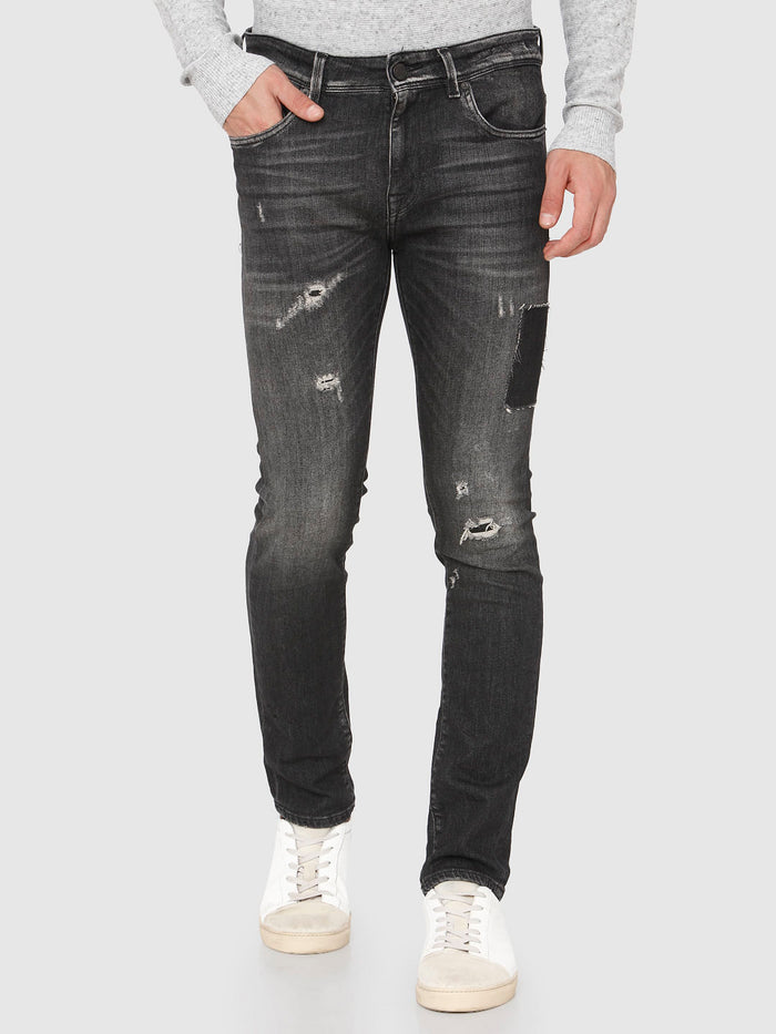Grey Mid Rise Distressed Leon Slim Fit Jeans
