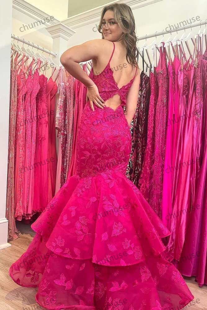 Hunter Green V-Neck Lace Applique Layered Mermaid Prom Dress