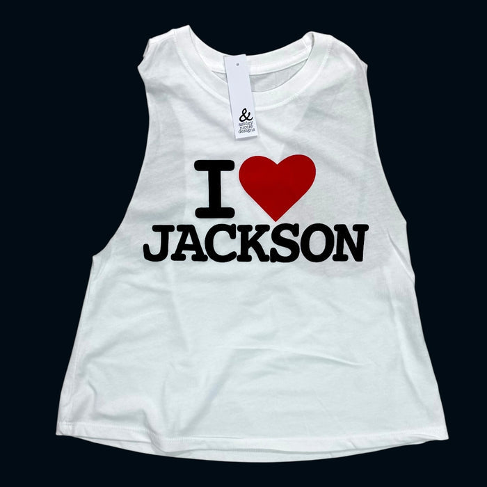 White tank top with 'I ❤️ JACKSON' text on a black background