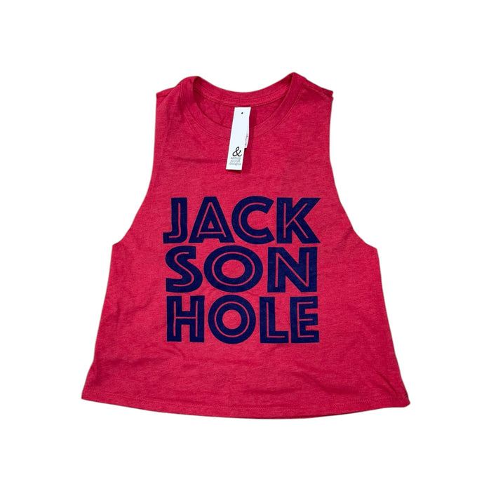 Red tank top with 'JACKSON HOLE' text in blue on a white background