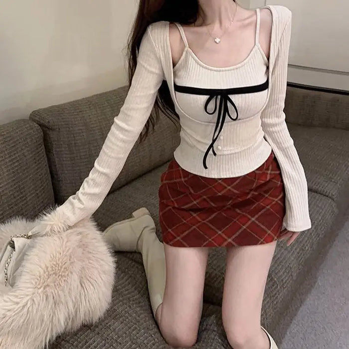 Korean Bow Knit Two Piece Set Top fashionnsio