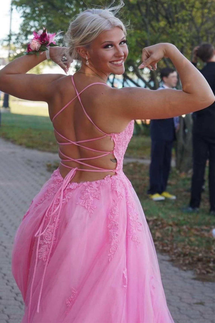 Lace Up Back Pink A-line Empire-Waist Lace Appliques Long Formal Prom Dress