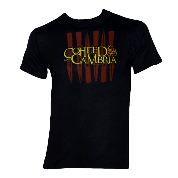 A black Coheed and Cambria T-shirt with yellow and green text, a symbol above, and five vertical red stripes in the background.