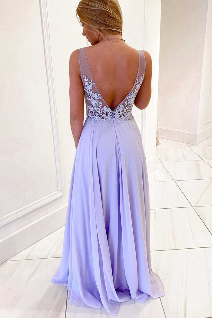 Lavender Chiffon A-line Illusion V-Neck Empire-Waist Sleeveless Long Formal Dress