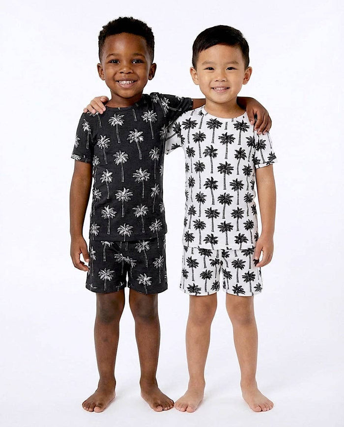Lucky Panda Kids Bamboo Shorts PJs - Palm Style White (Final Sale)