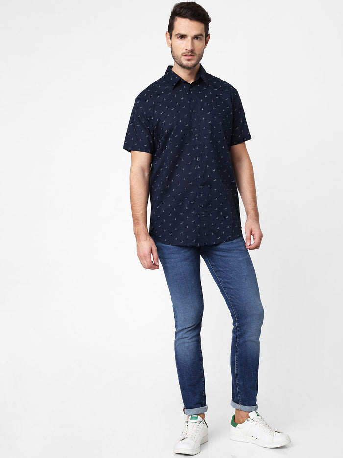 Navy Blue All Over Print Short Sleeves Shirt