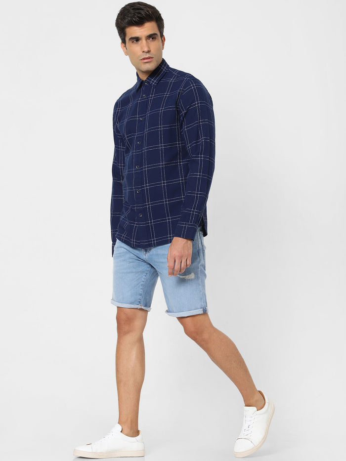 Navy Blue Check Full Sleeves Shirt