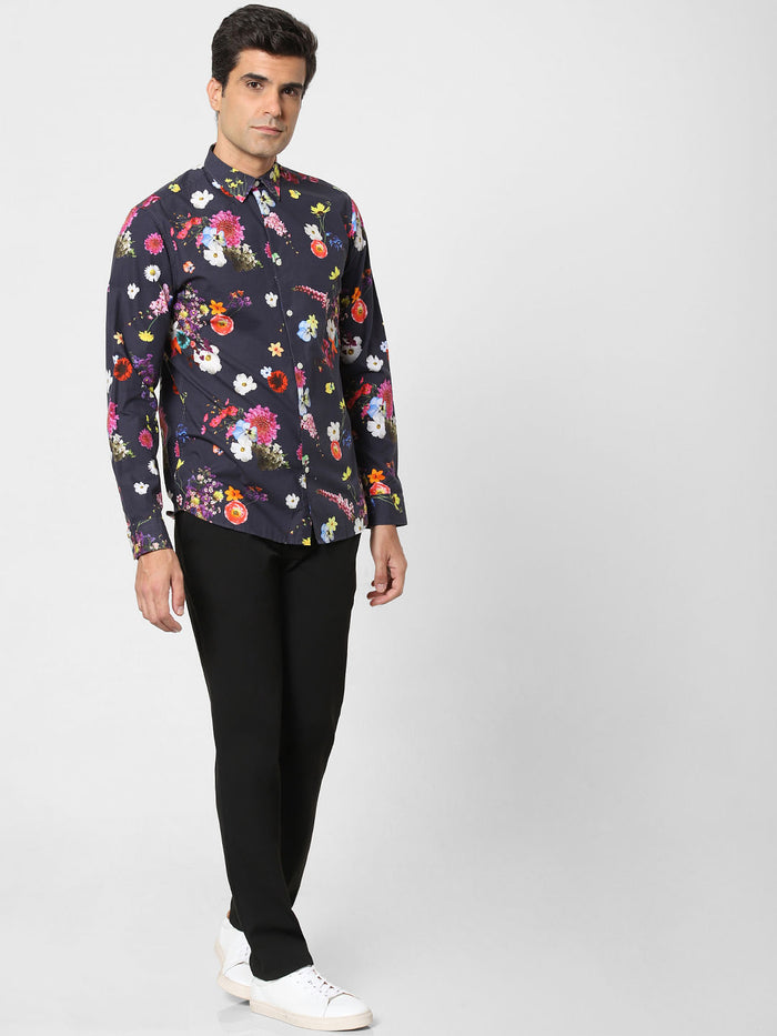 Navy Blue Floral Print Full Sleeves Shirt