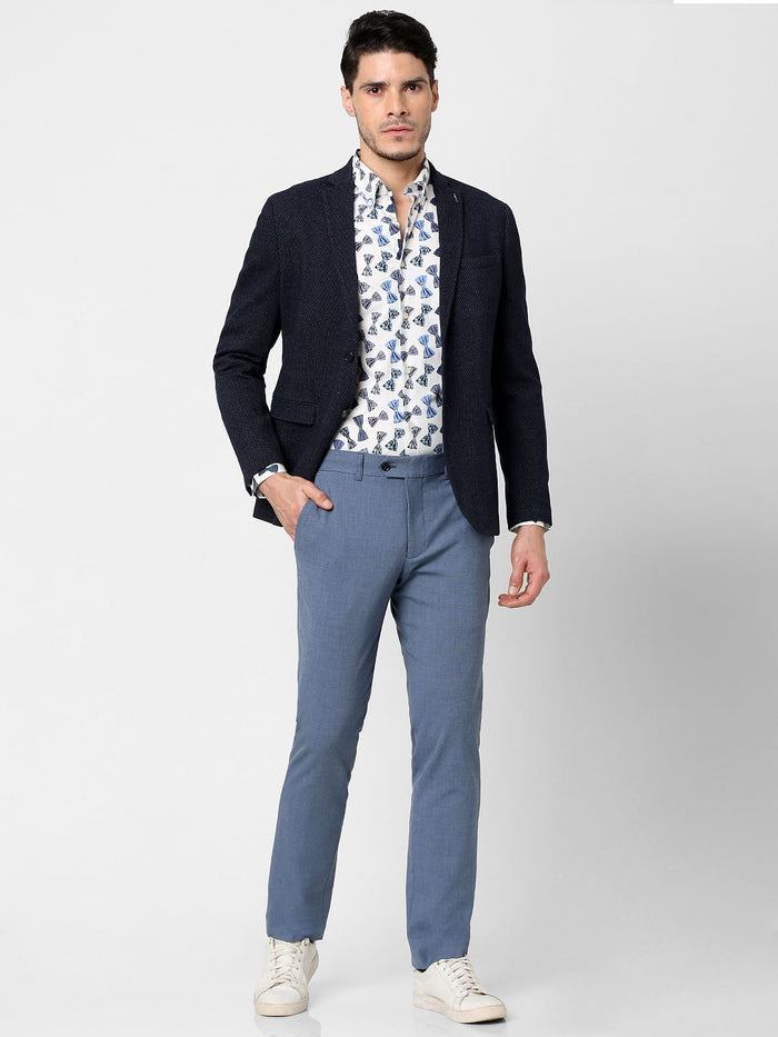 Navy Blue Self-Design Blazer