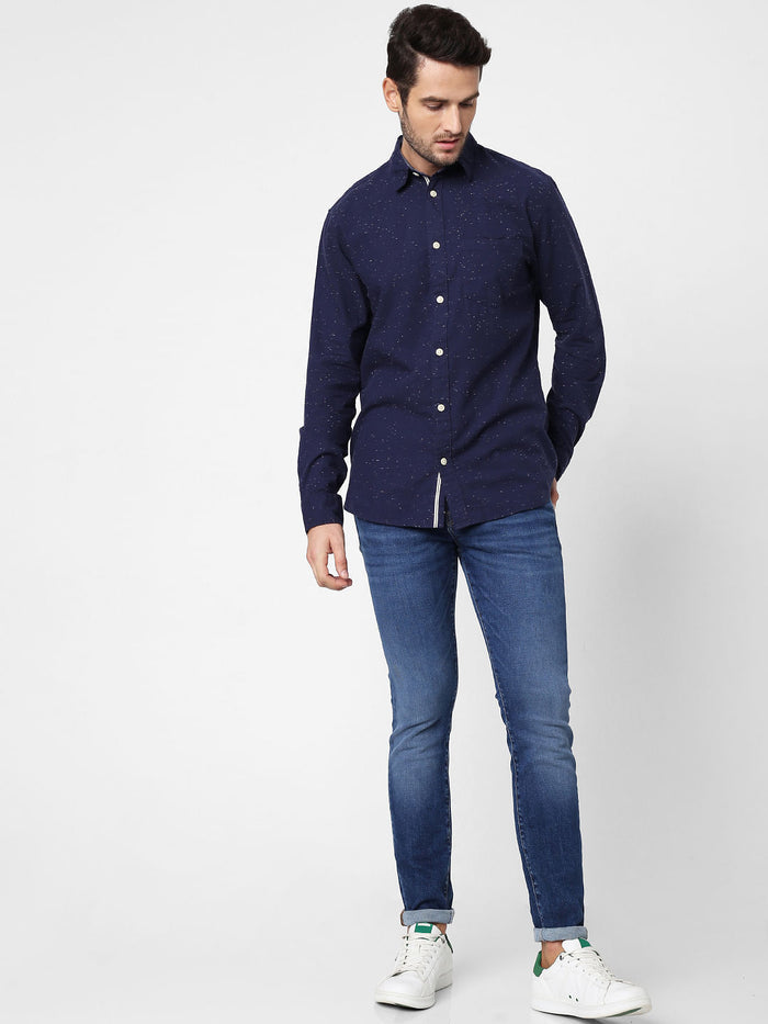 Navy Blue Self-Design Full Sleeves Shirt