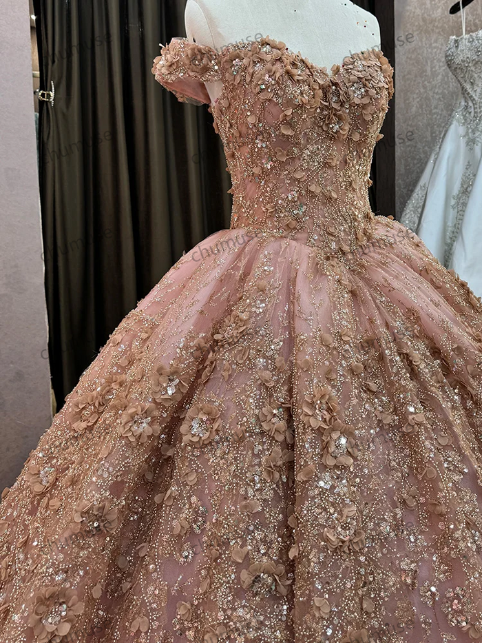 new design Flowers Pink Off Shoulder Ball Gown Embroidery Wedding Evening Dresses