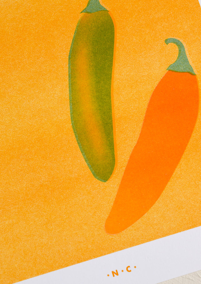 Illustration of two peppers on a yellow background with a white border.