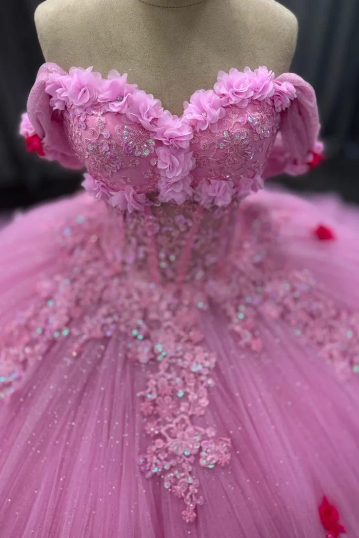 Off Shoulder Sleeveless Beaded Sequins 3D Flower Appliques Pink Quinceañera Dress