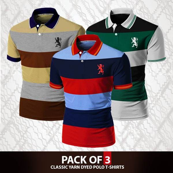 PACK OF 3 CLASSIC YARN DYED POLO T-SHIRTS - Dubai Offers Today