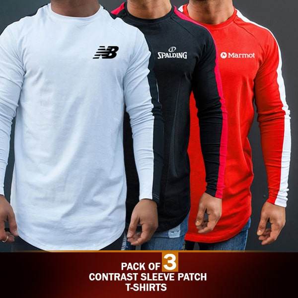 PACK OF 3 CONTRAST SLEEVE PATCH T-SHIRTS - Dubai Offers Today