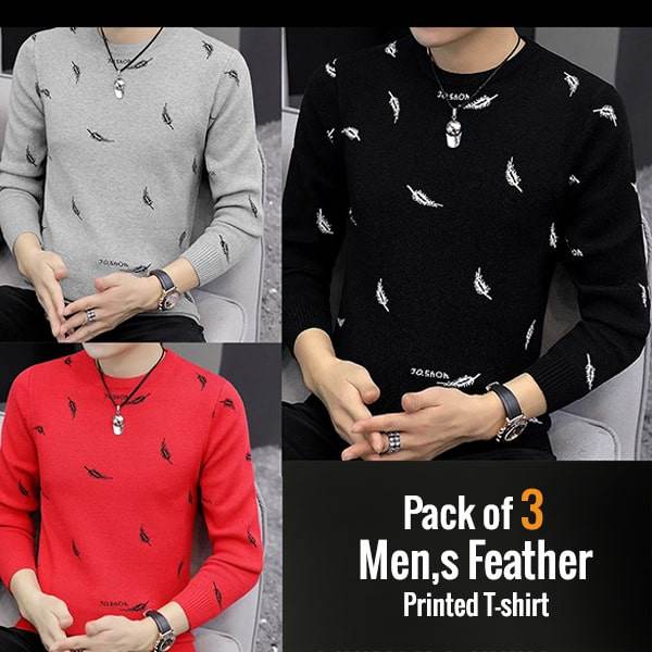 PACK OF 3 MENS FEATHER PRINTED T-SHIRTS - Dubai Offers Today