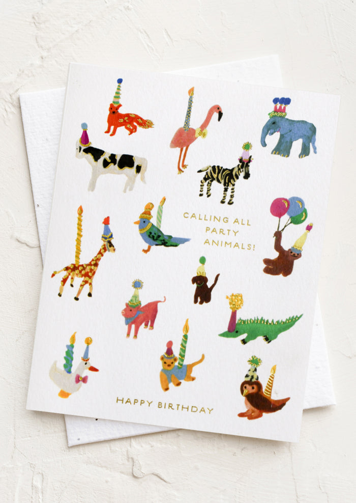 A greeting card with animals wearing party gear, text reads "Calling all party animals! Happy Birthday".