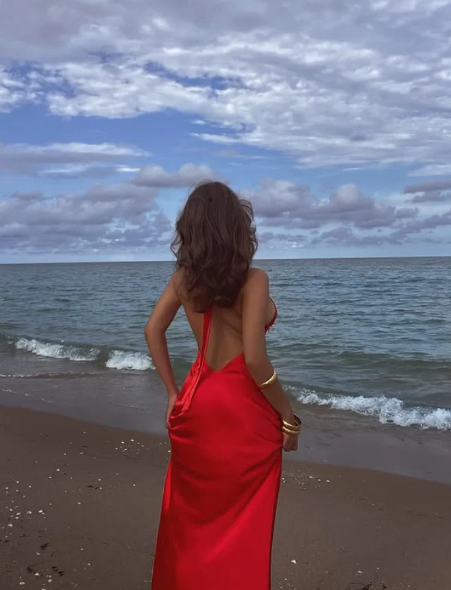 Red A Line Halter Satin Open Back Long Prom Dress