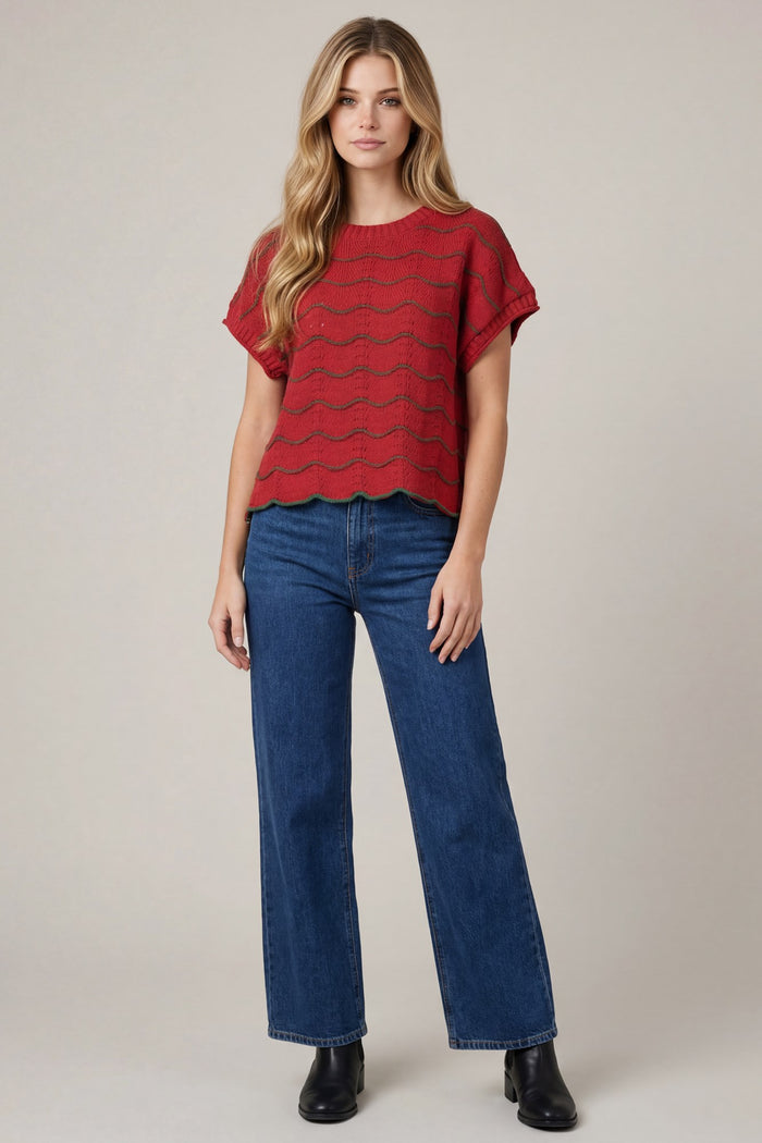 Scallop Striped Pattern Knit Sweater Top