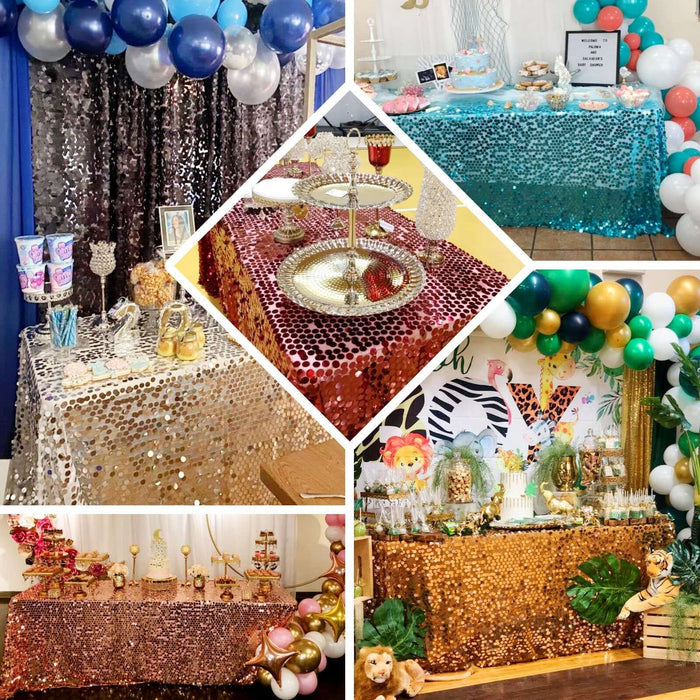Decorative sequin tablecloths in various colors for event styling.