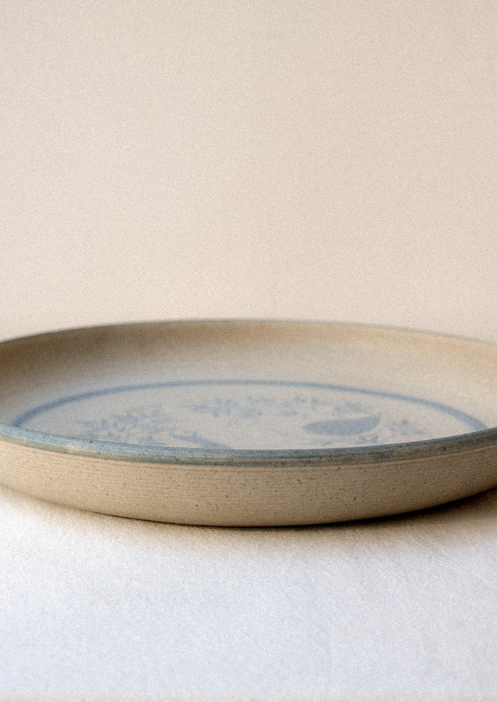 Ceramic plate with blue bird design on a beige background.
