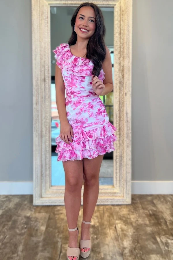 Sheath One Shoulder Floral Ruffles Chiffon Tiered Homecoming Dress